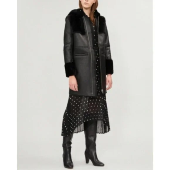 MAJE 38 sz4 SHEARLING Sheepskin Fur Leather Gwette Coat Black Acne Sandro